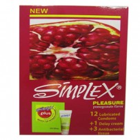 خرید آنلاین کاندوم سیمپلکس اناری شیاردار و خاردار با کرم تاخیری و دستمال آنتی باکتریال Simplex Pleasure Pomegranate Flavor Delay Ribbed Dotted